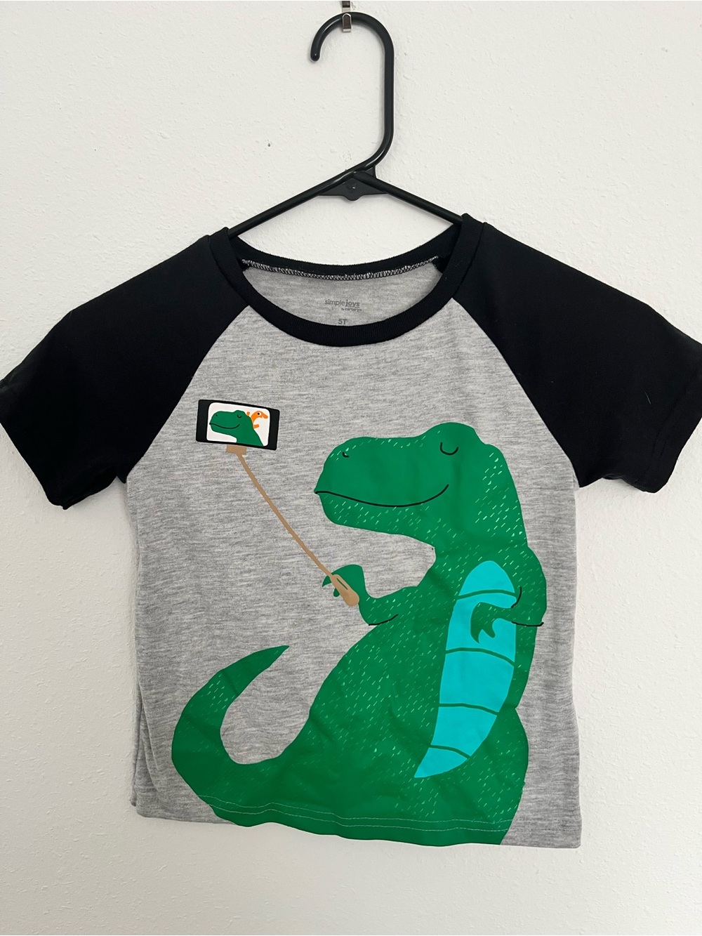 Kids Short Sleeve Raglan Tee with Green Dinosaur Graphic